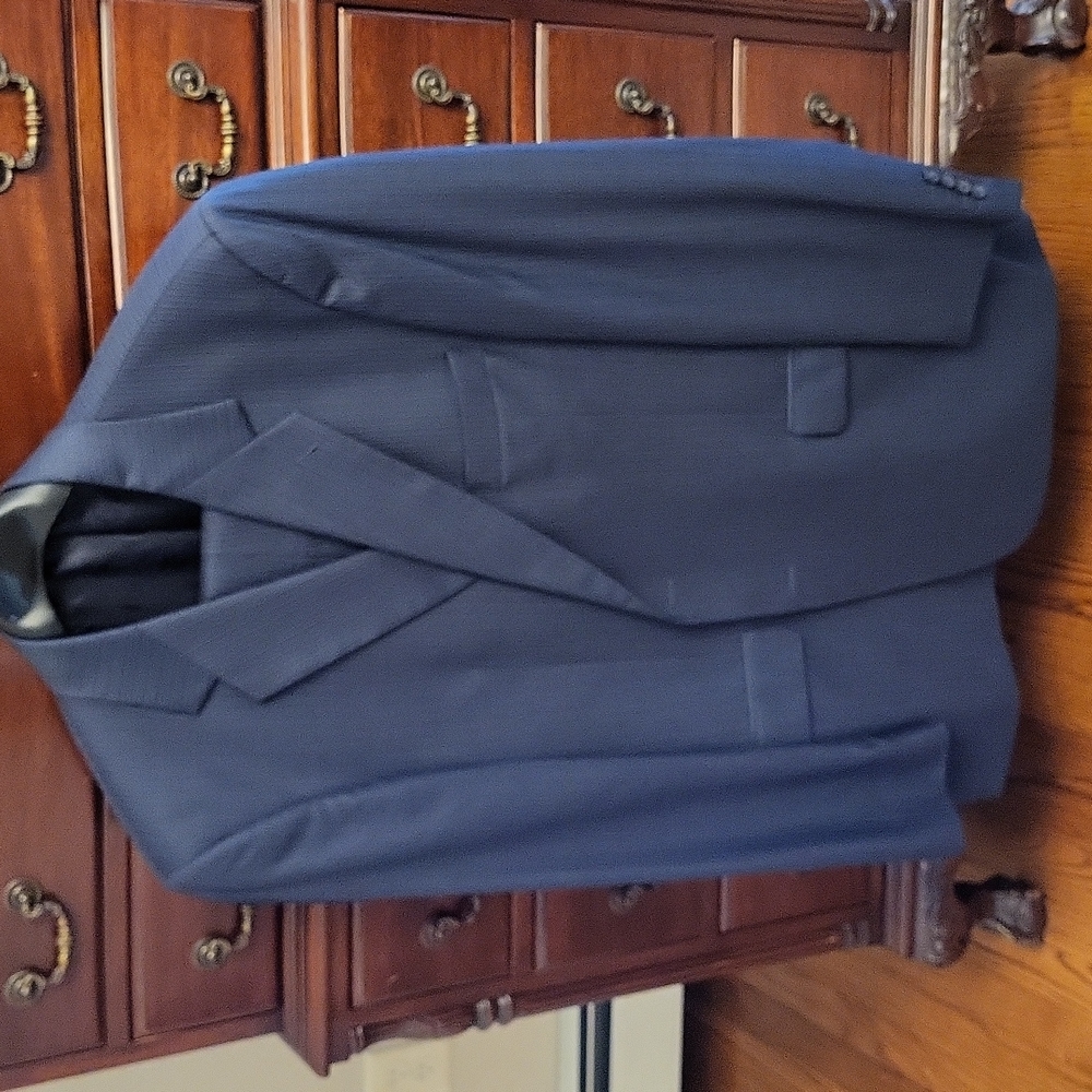Mens Stafford, 2 button, navy pin stripe, wool-silk suit